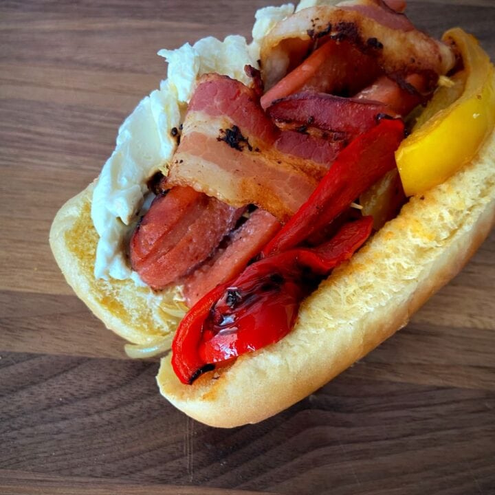 bacon wrapped dairy dog with peppers