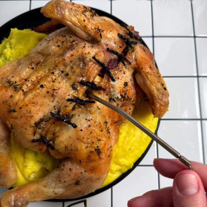 LATE NIGHT EVISCERATED CHICKEN STUFFED WITH BLOOD ORANGES AND THYME OVER A POMMES ALIGOT MESS